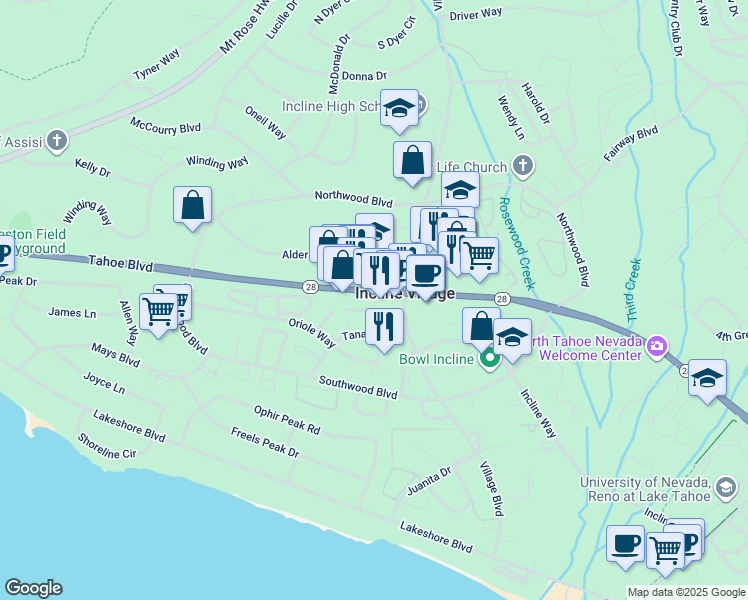 map of restaurants, bars, coffee shops, grocery stores, and more near 889 Tahoe Boulevard in Incline Village