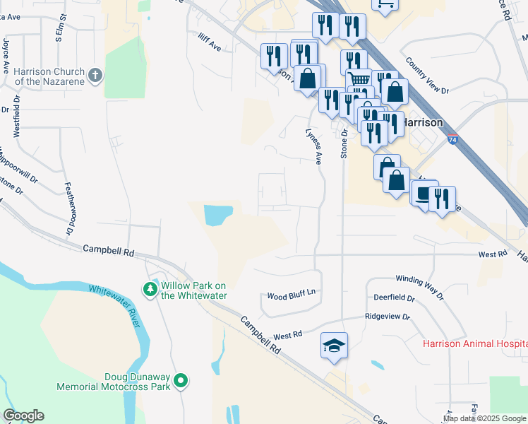 map of restaurants, bars, coffee shops, grocery stores, and more near 382 Legacy Way in Harrison