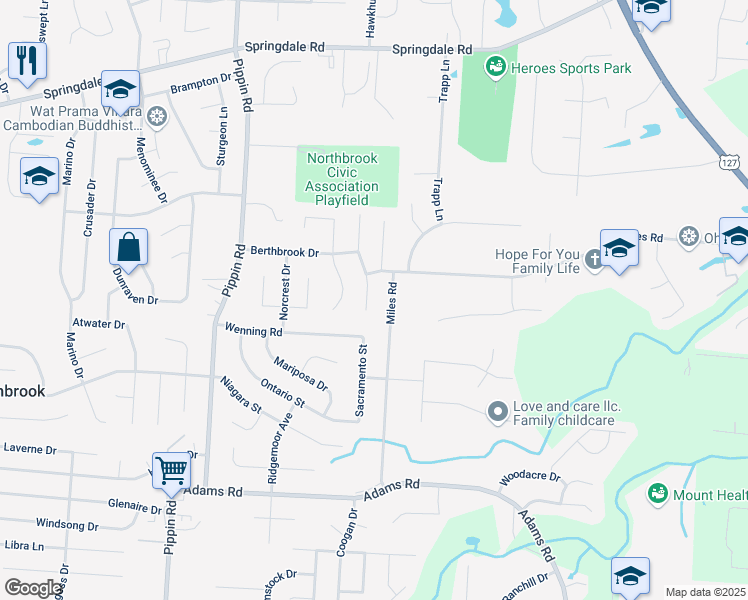 map of restaurants, bars, coffee shops, grocery stores, and more near 2212 Miles Road in Cincinnati