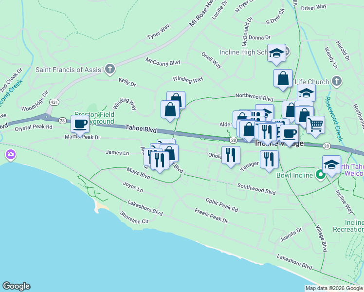 map of restaurants, bars, coffee shops, grocery stores, and more near 770 Southwood Boulevard in Incline Village