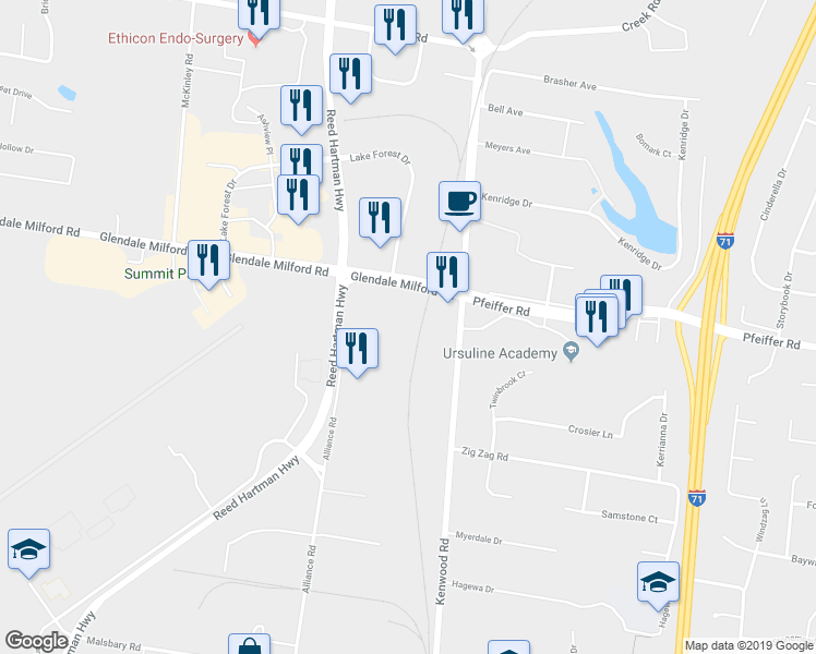 map of restaurants, bars, coffee shops, grocery stores, and more near 10300 Alliance Road in Cincinnati