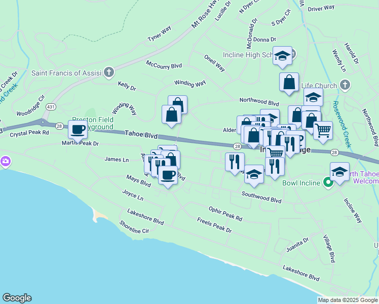 map of restaurants, bars, coffee shops, grocery stores, and more near 806 Oriole Way in Incline Village