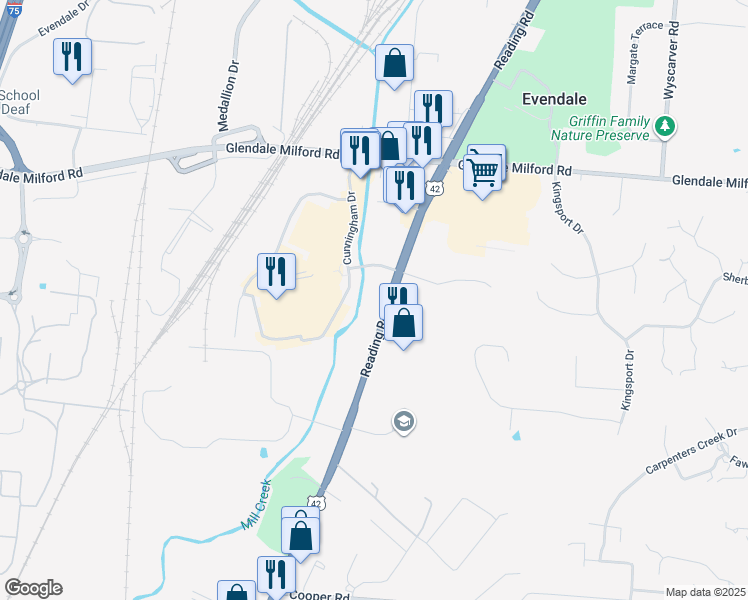 map of restaurants, bars, coffee shops, grocery stores, and more near 10205 Reading Road in Cincinnati