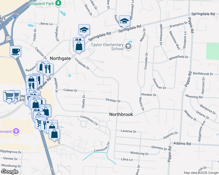 map of restaurants, bars, coffee shops, grocery stores, and more near 9782 Condor Drive in Cincinnati