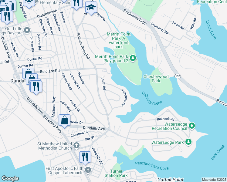 map of restaurants, bars, coffee shops, grocery stores, and more near 7711 Meath Road in Dundalk