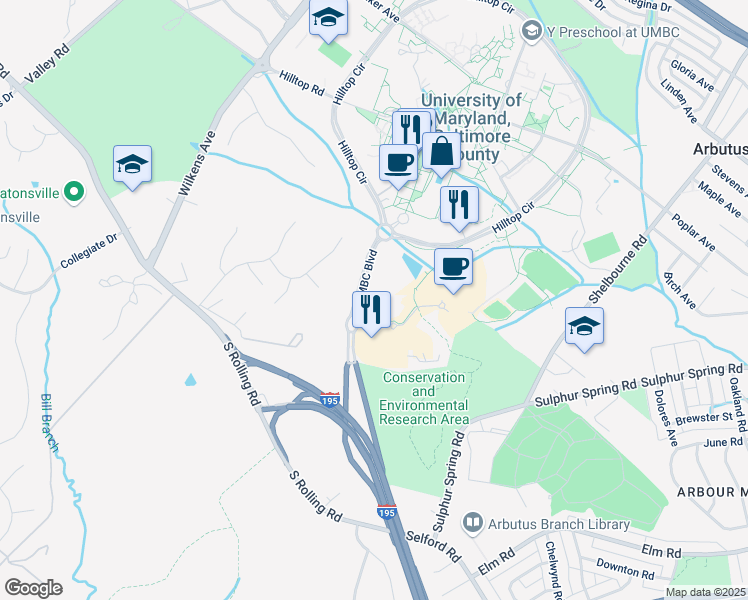 map of restaurants, bars, coffee shops, grocery stores, and more near 5521 Research Park Drive in Halethorpe