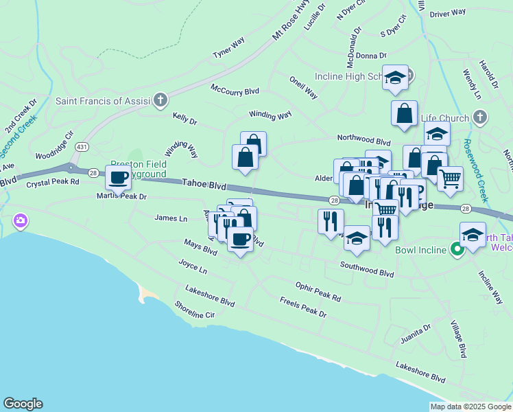 map of restaurants, bars, coffee shops, grocery stores, and more near 786 Southwood Boulevard in Incline Village