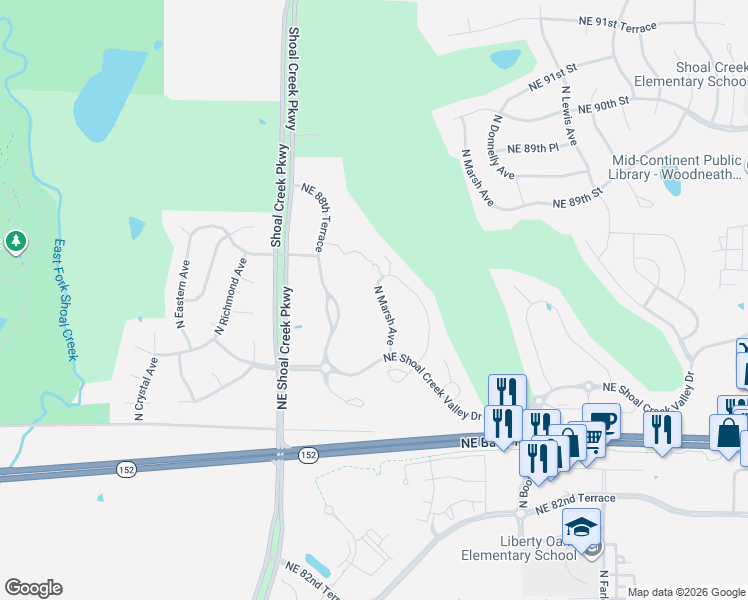 map of restaurants, bars, coffee shops, grocery stores, and more near 8532 North Marsh Avenue in Kansas City