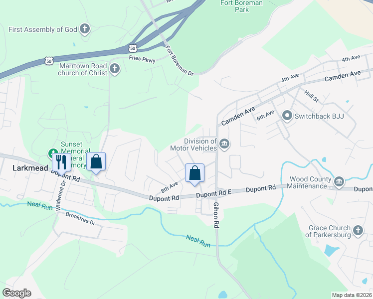 map of restaurants, bars, coffee shops, grocery stores, and more near 300 Frances Street in Parkersburg