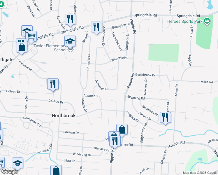 map of restaurants, bars, coffee shops, grocery stores, and more near 9778 Dunraven Drive in Cincinnati