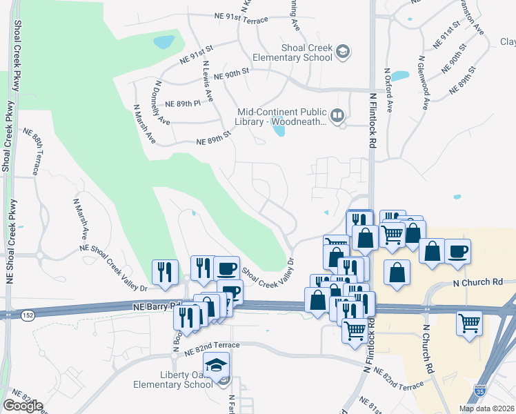 map of restaurants, bars, coffee shops, grocery stores, and more near 8703 North Lewis Avenue in Kansas City