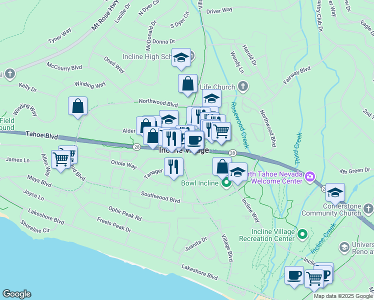 map of restaurants, bars, coffee shops, grocery stores, and more near Nevada 28 in Incline Village