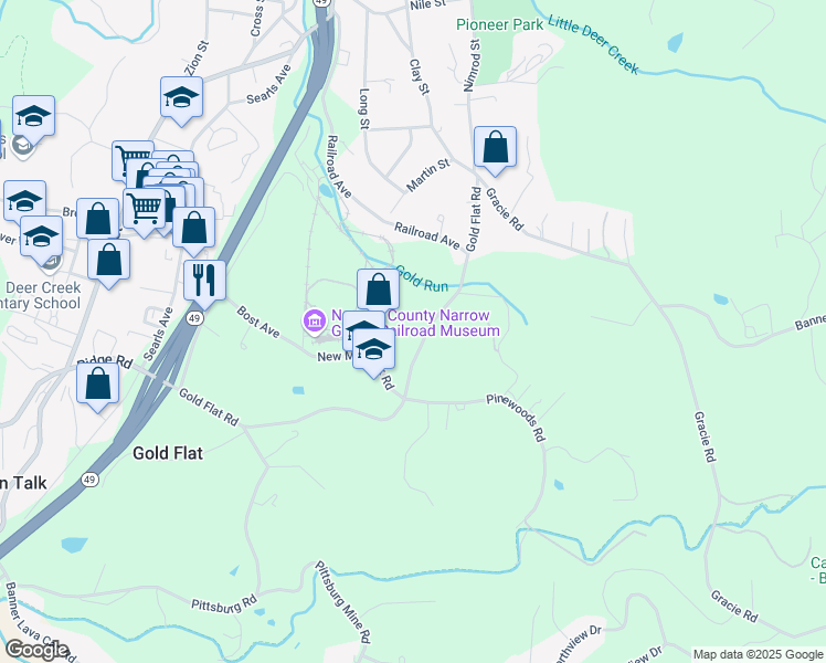 map of restaurants, bars, coffee shops, grocery stores, and more near 650 Gold Flat Road in Nevada City