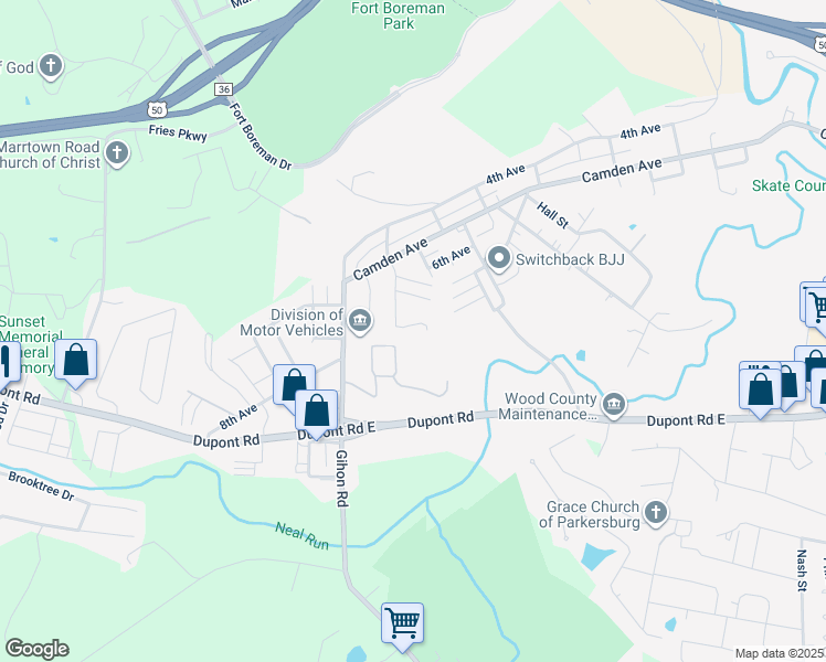 map of restaurants, bars, coffee shops, grocery stores, and more near 516 9th Avenue in Parkersburg