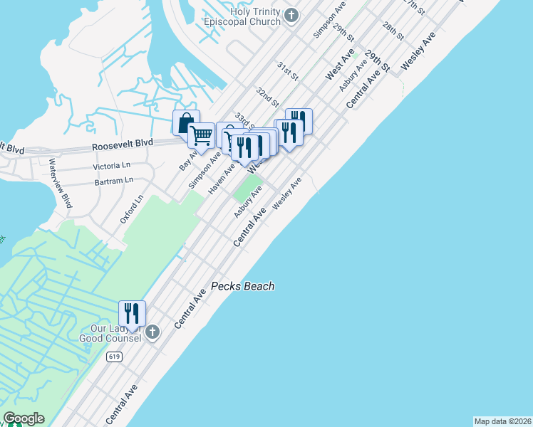 map of restaurants, bars, coffee shops, grocery stores, and more near in Ocean City