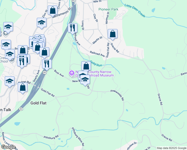 map of restaurants, bars, coffee shops, grocery stores, and more near 650 Gold Flat Road in Nevada City