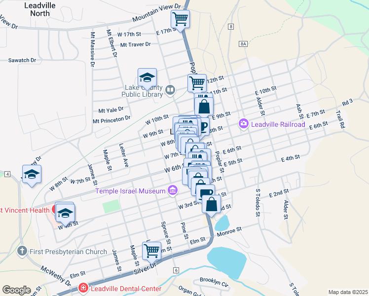 map of restaurants, bars, coffee shops, grocery stores, and more near 711 Harrison Avenue in Leadville