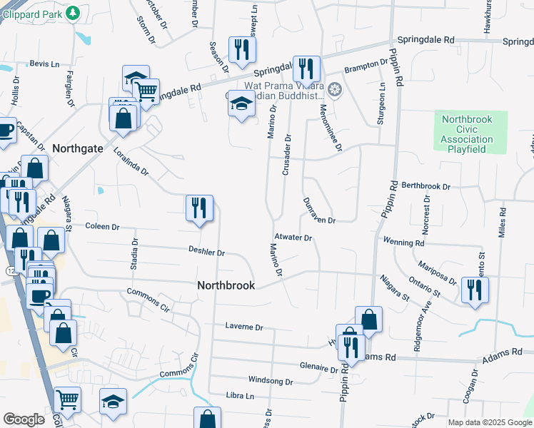 map of restaurants, bars, coffee shops, grocery stores, and more near 9825 Marino Drive in Cincinnati
