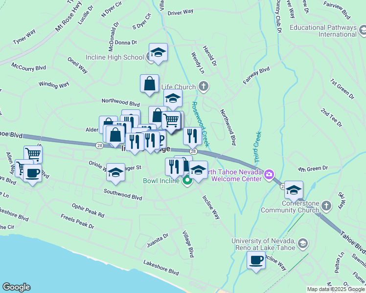 map of restaurants, bars, coffee shops, grocery stores, and more near 930 Tahoe Boulevard in Incline Village