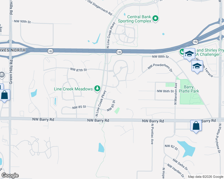 map of restaurants, bars, coffee shops, grocery stores, and more near 3120 Northwest 86th Street in Kansas City