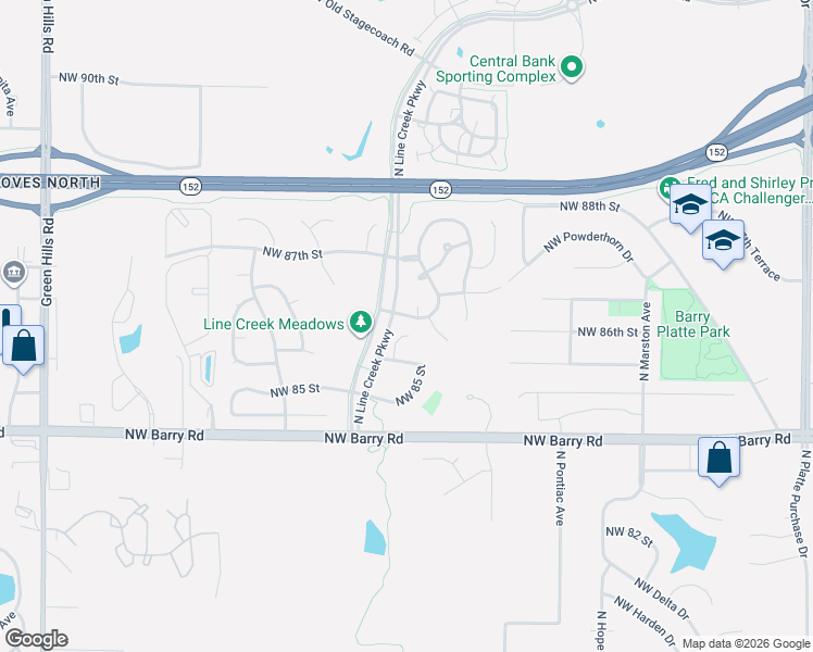 map of restaurants, bars, coffee shops, grocery stores, and more near 3120 Northwest 86th Street in Kansas City