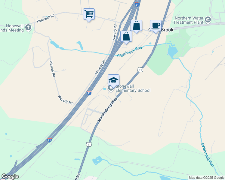 map of restaurants, bars, coffee shops, grocery stores, and more near 3165 Martinsburg Pike in Clear Brook