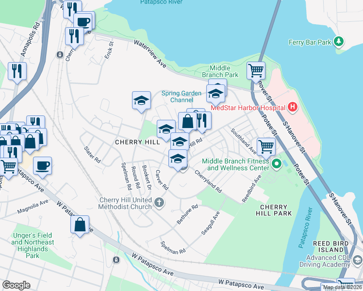 map of restaurants, bars, coffee shops, grocery stores, and more near 700 Cherry Hill Road in Baltimore