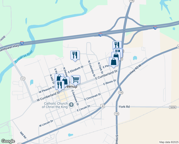 map of restaurants, bars, coffee shops, grocery stores, and more near 410 East Pleasant Street in Greenup