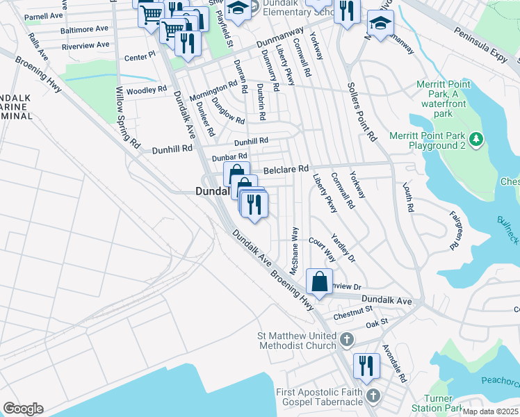 map of restaurants, bars, coffee shops, grocery stores, and more near 3436 Dunran Road in Dundalk