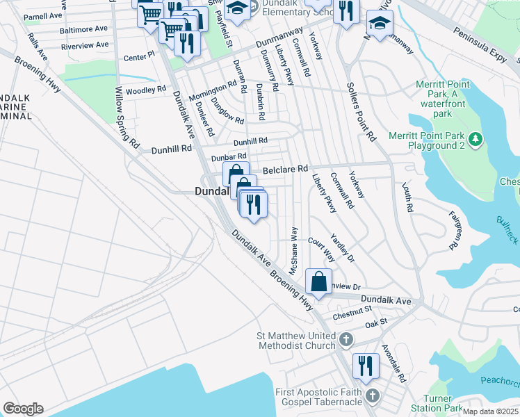 map of restaurants, bars, coffee shops, grocery stores, and more near 3436 Dunran Road in Dundalk