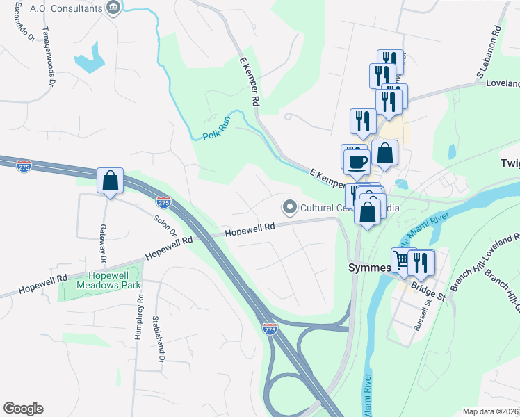 map of restaurants, bars, coffee shops, grocery stores, and more near 10555 Swanson Court in Cincinnati