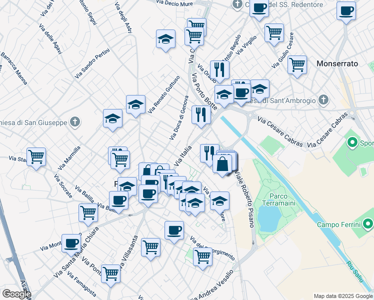 map of restaurants, bars, coffee shops, grocery stores, and more near 11 Via Emanuele Filiberto in Cagliari