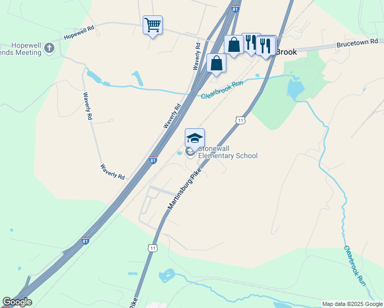 map of restaurants, bars, coffee shops, grocery stores, and more near 3165 Martinsburg Pike in Clear Brook