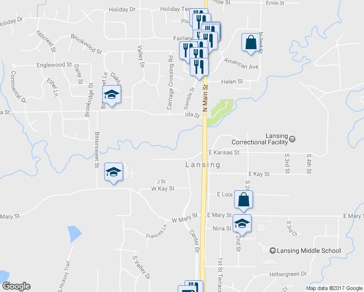 map of restaurants, bars, coffee shops, grocery stores, and more near 104 West Kansas Avenue in Lansing