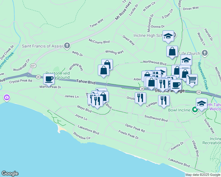 map of restaurants, bars, coffee shops, grocery stores, and more near 804 Nevada 28 in Incline Village