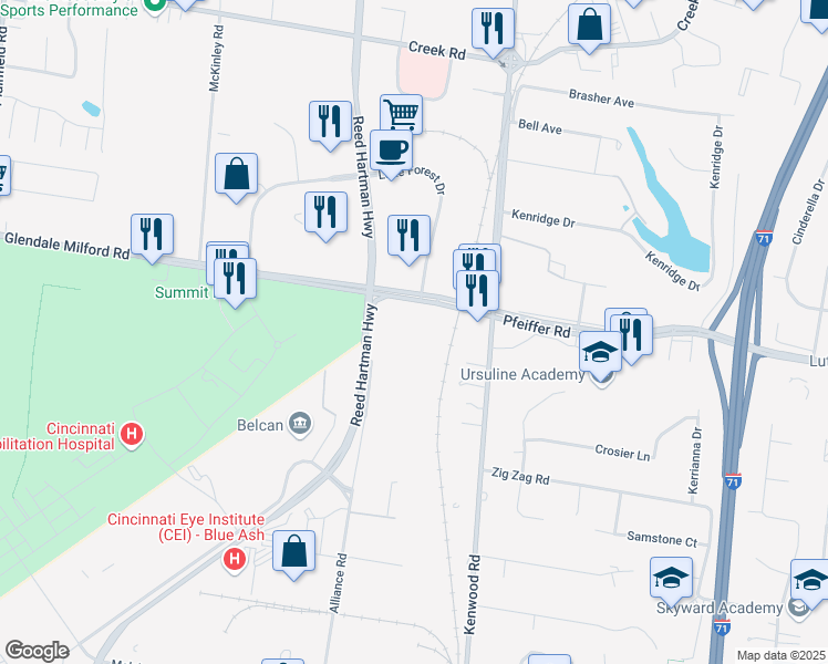 map of restaurants, bars, coffee shops, grocery stores, and more near Lake Forest Drive in Blue Ash