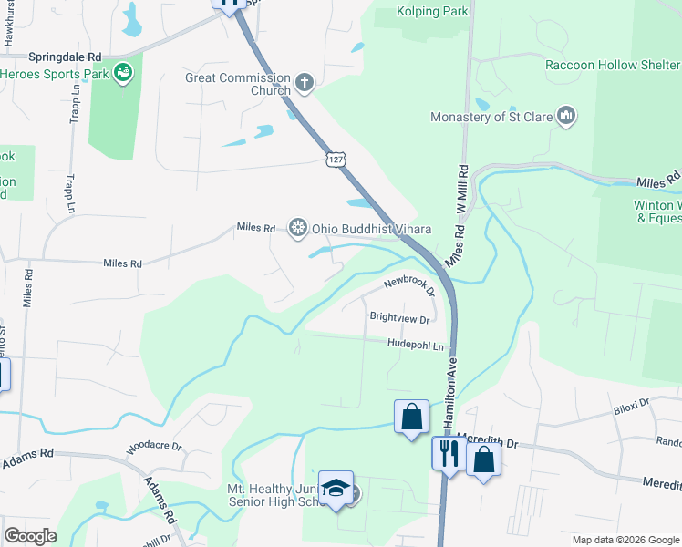 map of restaurants, bars, coffee shops, grocery stores, and more near 1805 Miles Road in Cincinnati