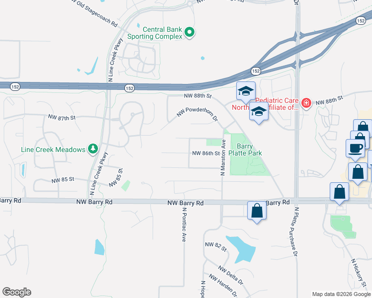 map of restaurants, bars, coffee shops, grocery stores, and more near 2617 Northwest 86th Terrace in Kansas City