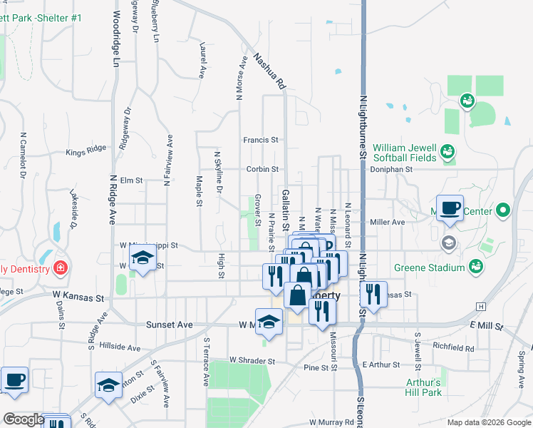 map of restaurants, bars, coffee shops, grocery stores, and more near 417 North Prairie Street in Liberty