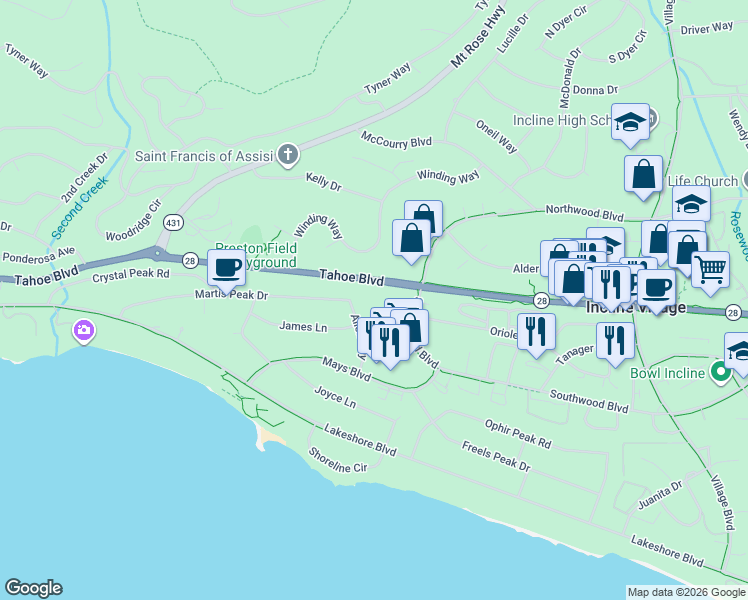 map of restaurants, bars, coffee shops, grocery stores, and more near 751 Tahoe Boulevard in Incline Village