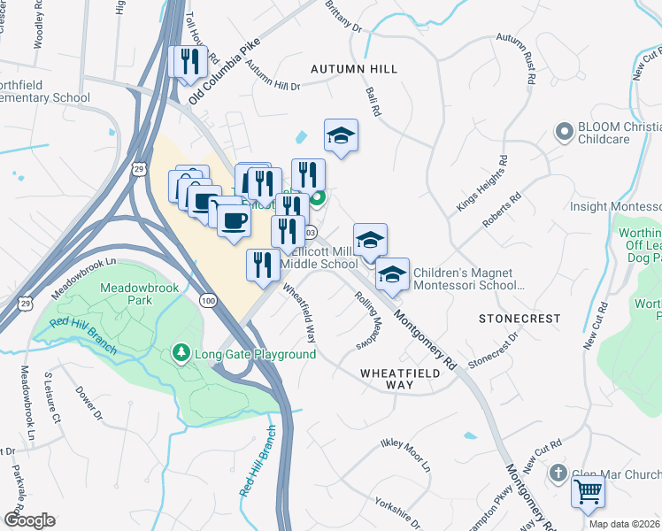 map of restaurants, bars, coffee shops, grocery stores, and more near 4483 Rolling Meadows Road in Ellicott City