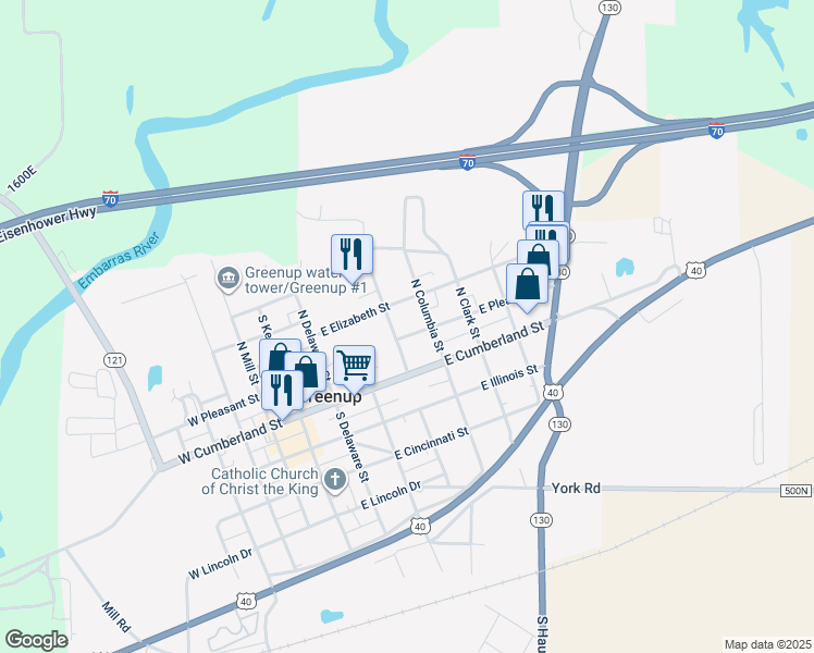 map of restaurants, bars, coffee shops, grocery stores, and more near 401-499 E Elizabeth St in Greenup