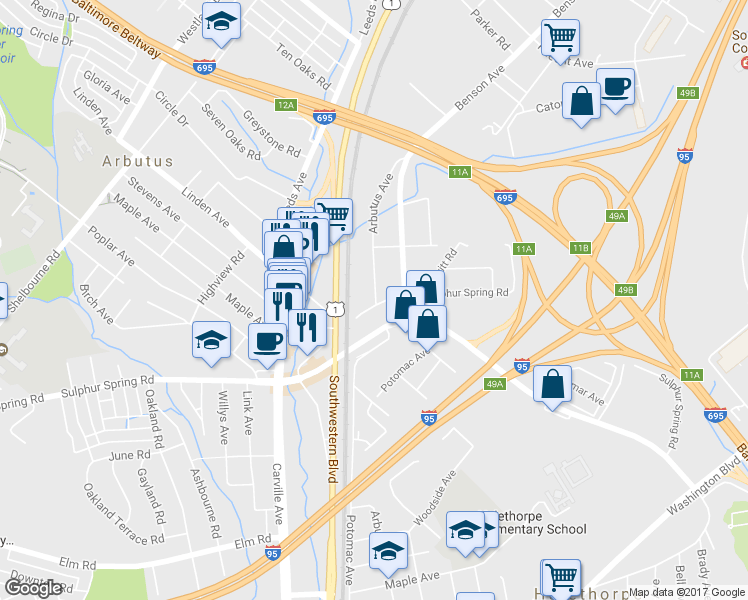 map of restaurants, bars, coffee shops, grocery stores, and more near 5232 Arbutus Avenue in Halethorpe