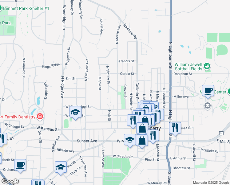 map of restaurants, bars, coffee shops, grocery stores, and more near 400 North Morse Avenue in Liberty