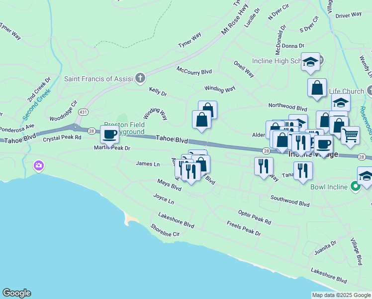 map of restaurants, bars, coffee shops, grocery stores, and more near 751 Tahoe Boulevard in Incline Village