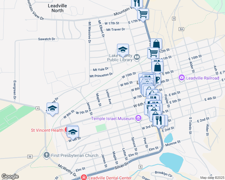 map of restaurants, bars, coffee shops, grocery stores, and more near 321 West 9th Street in Leadville