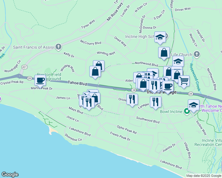map of restaurants, bars, coffee shops, grocery stores, and more near in Incline Village