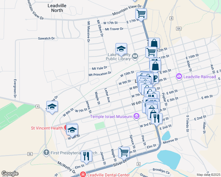 map of restaurants, bars, coffee shops, grocery stores, and more near 321 West 9th Street in Leadville