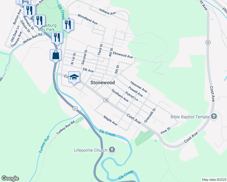 map of restaurants, bars, coffee shops, grocery stores, and more near 399 Southern Ave in Stonewood