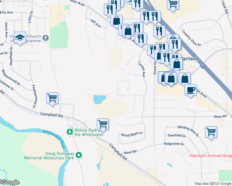 map of restaurants, bars, coffee shops, grocery stores, and more near 587 Heritage Square in Harrison